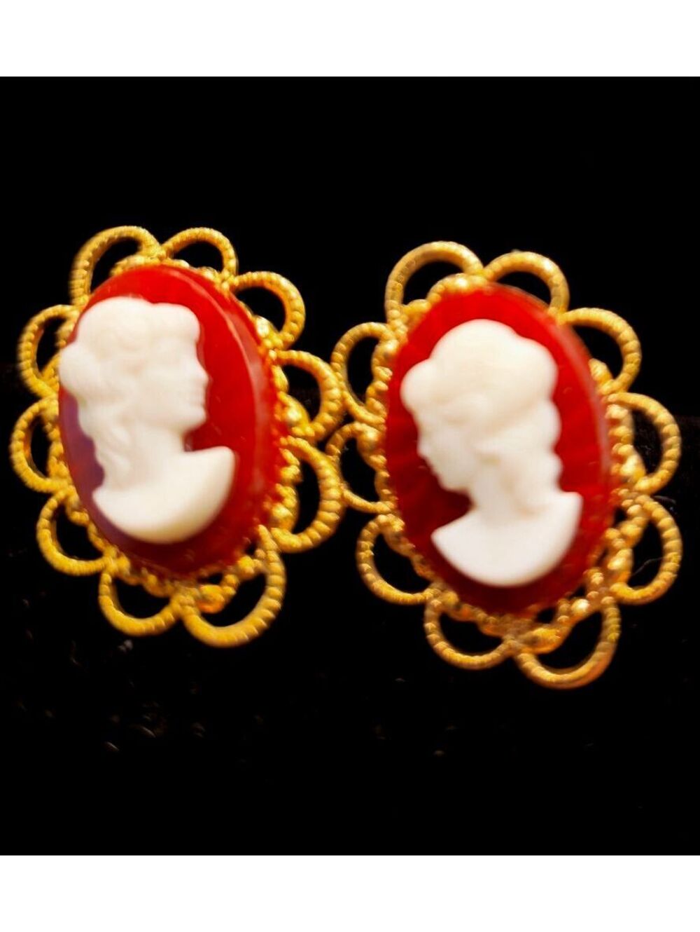 Vintage Red Cameo Post Earrings Gold Tone Filigree Victorian Revival